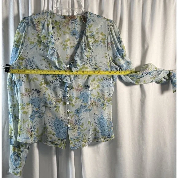 I.E.‎ Blue Green Floral Silk Ruffle V-Neck Button Down Top 10 Cottagecore 79-42 - Picture 5 of 14